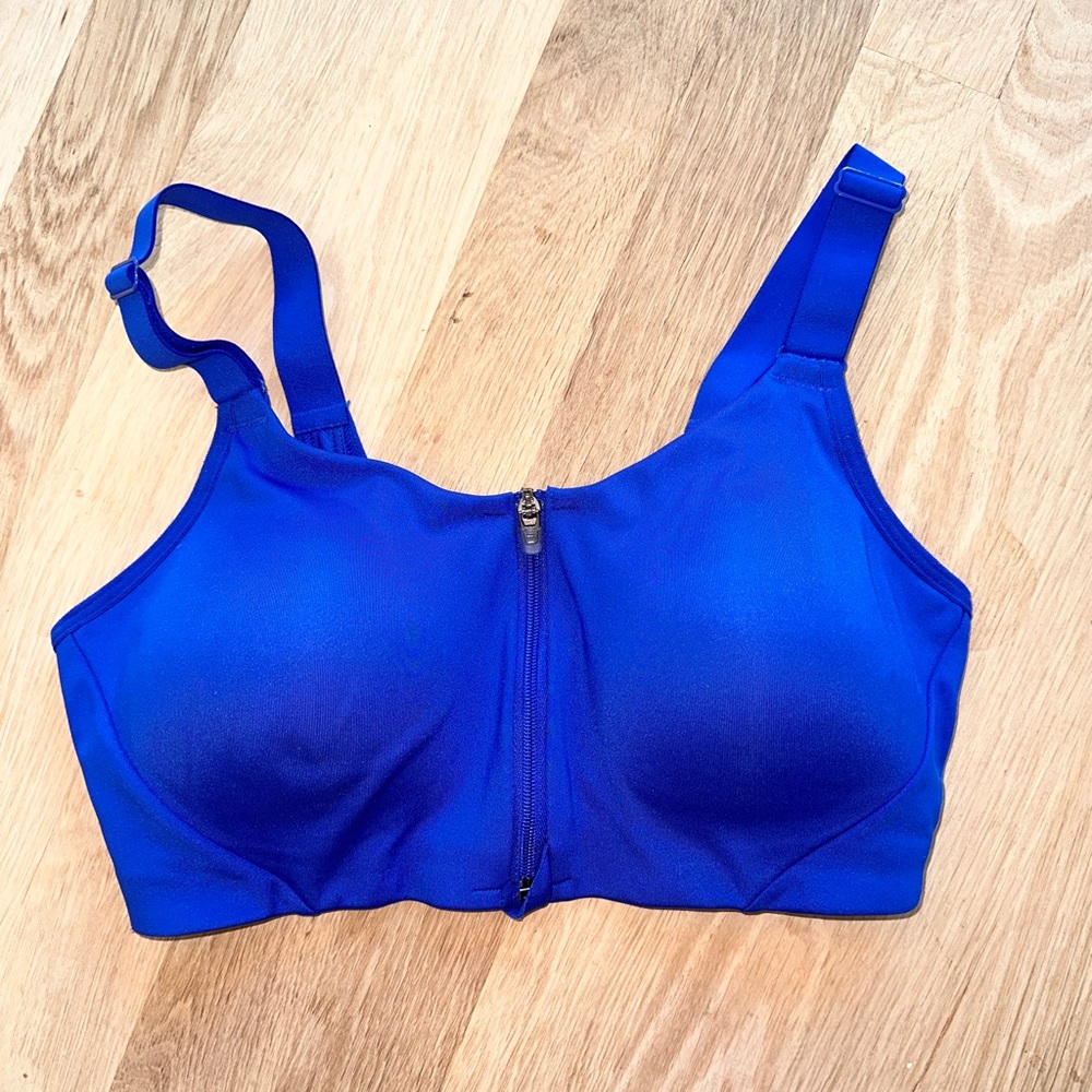 Bright blue, All-in-Motion front close sports bra.  Size 34C.